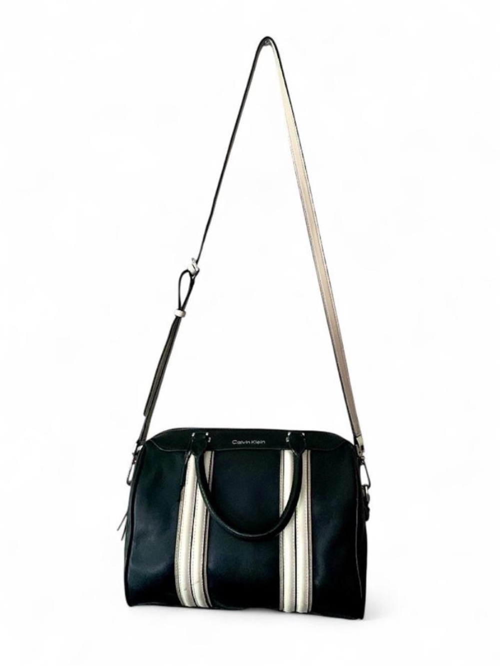 Calvin Klein Blake Striped Bowler Bag Black Cream Satchel